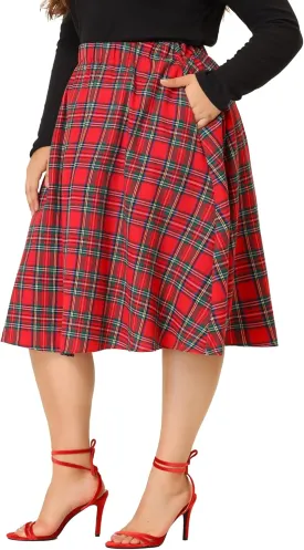 Agnes Orinda Plus Size Vintage Skirt for Women 2024 A-line Plaid Printed Flare Elastic High Waist Midi Skirts