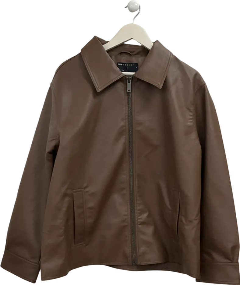 ASOS Brown Curve Zip Front Leather Look Harrington In Chocolate UK M