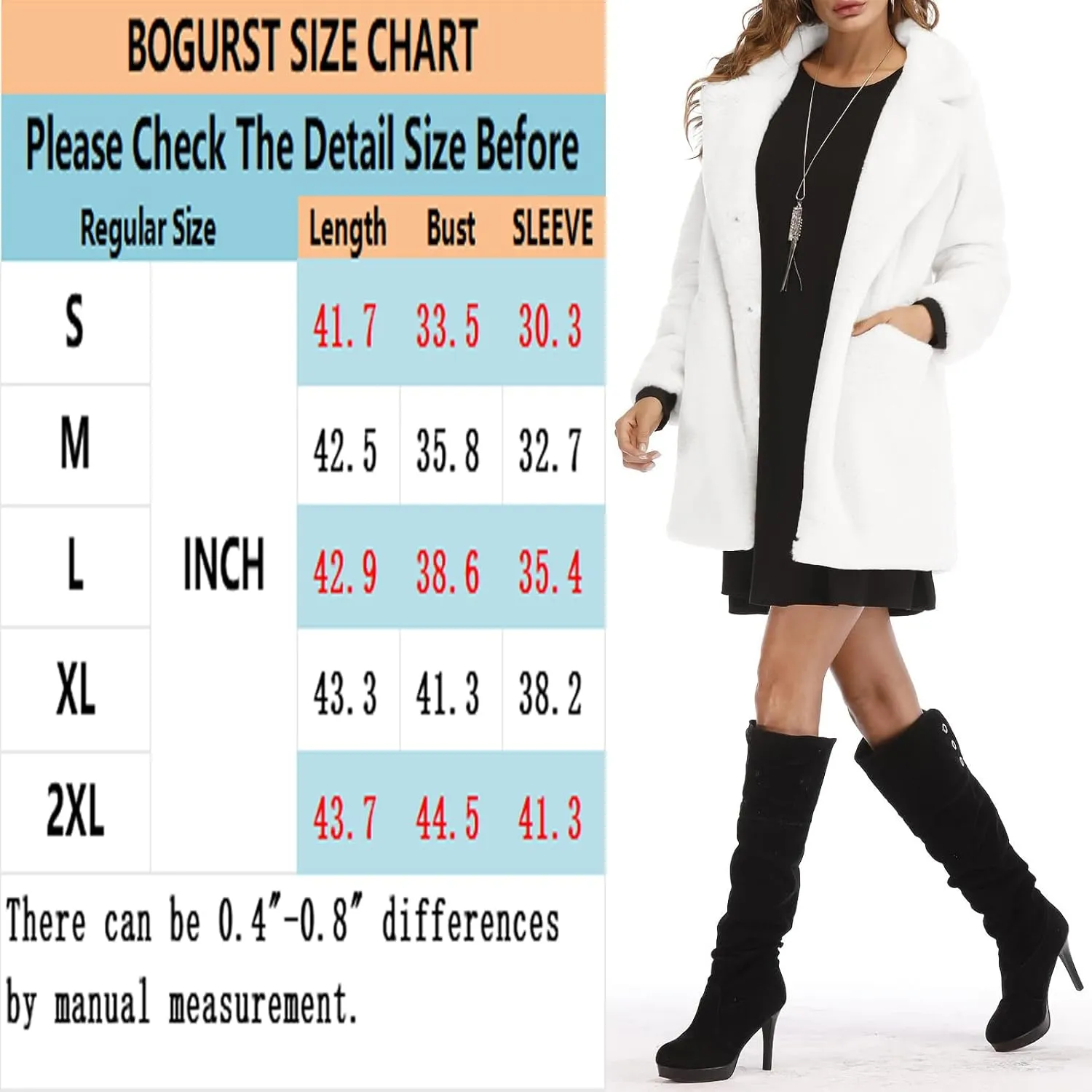 BOGURST Women Winter Faux Fur Fleece Coats Lapel Long Sleeve Snap Fashion Outerwear
