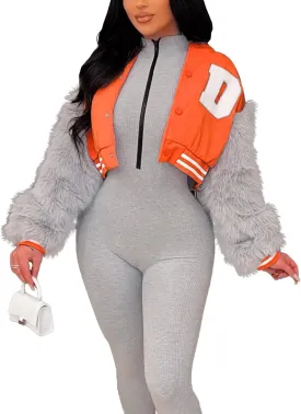 KANSOON Varsity Jacket Women Faux Fur Sleeve Cropped Baseball Jacket Button Up Casual Patchwork Letterman Coat