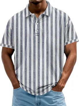 Mens Vertical Striped Polo Shirts Summer Color Block Tshirt Plus Size V Neck Tee Short Sleeve Vintage Collar Tops