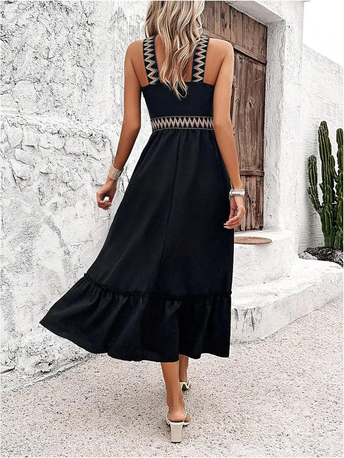 SOLY HUX Women's Printed Halter Sleeveless Split Ruffle Hem A Line Dress Summer Midi Dresses