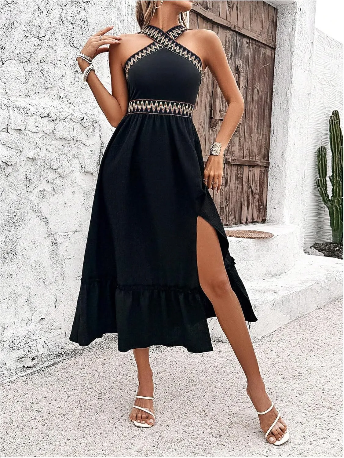 SOLY HUX Women's Printed Halter Sleeveless Split Ruffle Hem A Line Dress Summer Midi Dresses