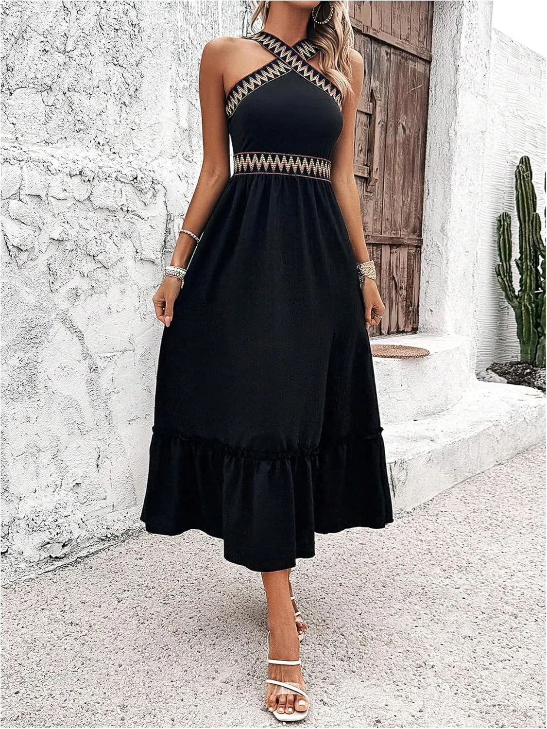 SOLY HUX Women's Printed Halter Sleeveless Split Ruffle Hem A Line Dress Summer Midi Dresses