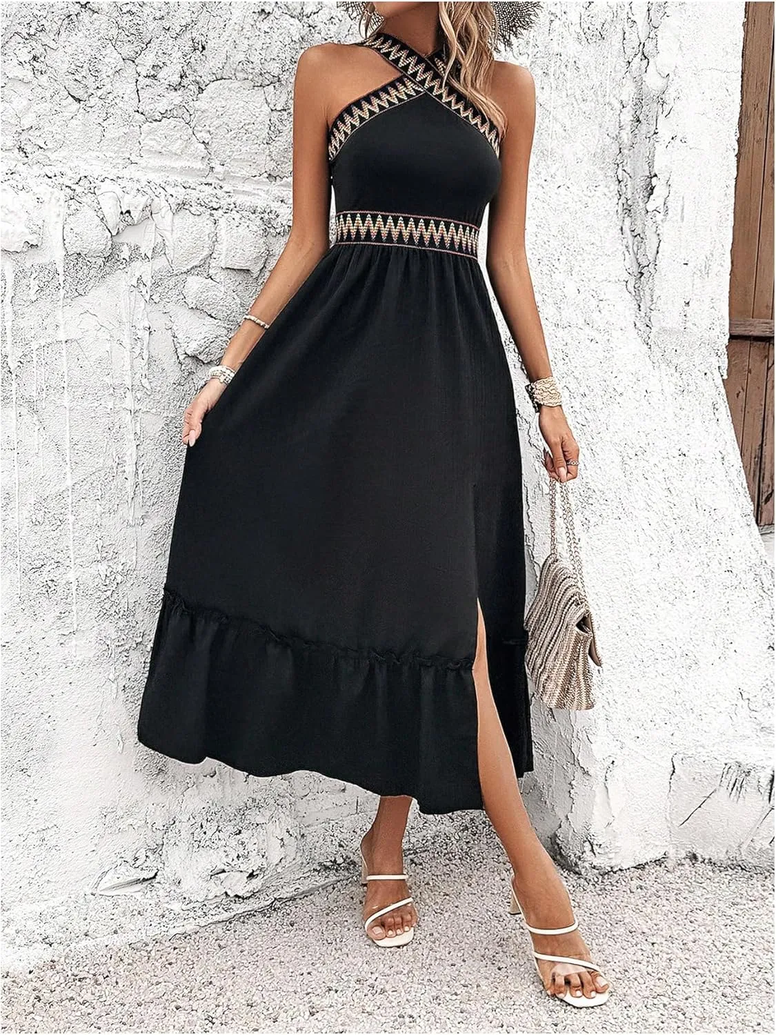 SOLY HUX Women's Printed Halter Sleeveless Split Ruffle Hem A Line Dress Summer Midi Dresses