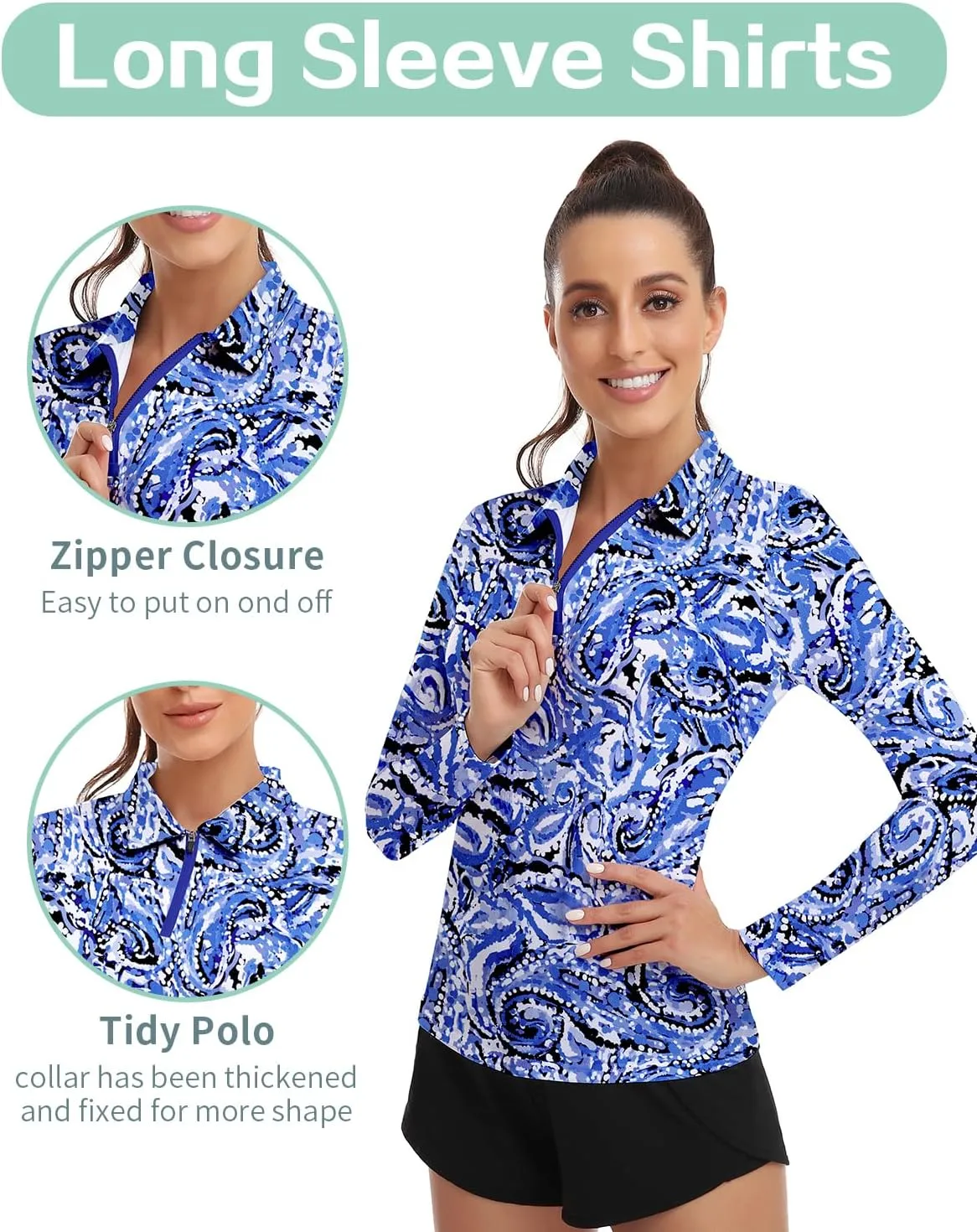 Soneven Women's Long Sleeve Golf Polo Shirts Moisture Wicking Quick Dry Half-Zip Pullover Athletic Workout Striped Tops
