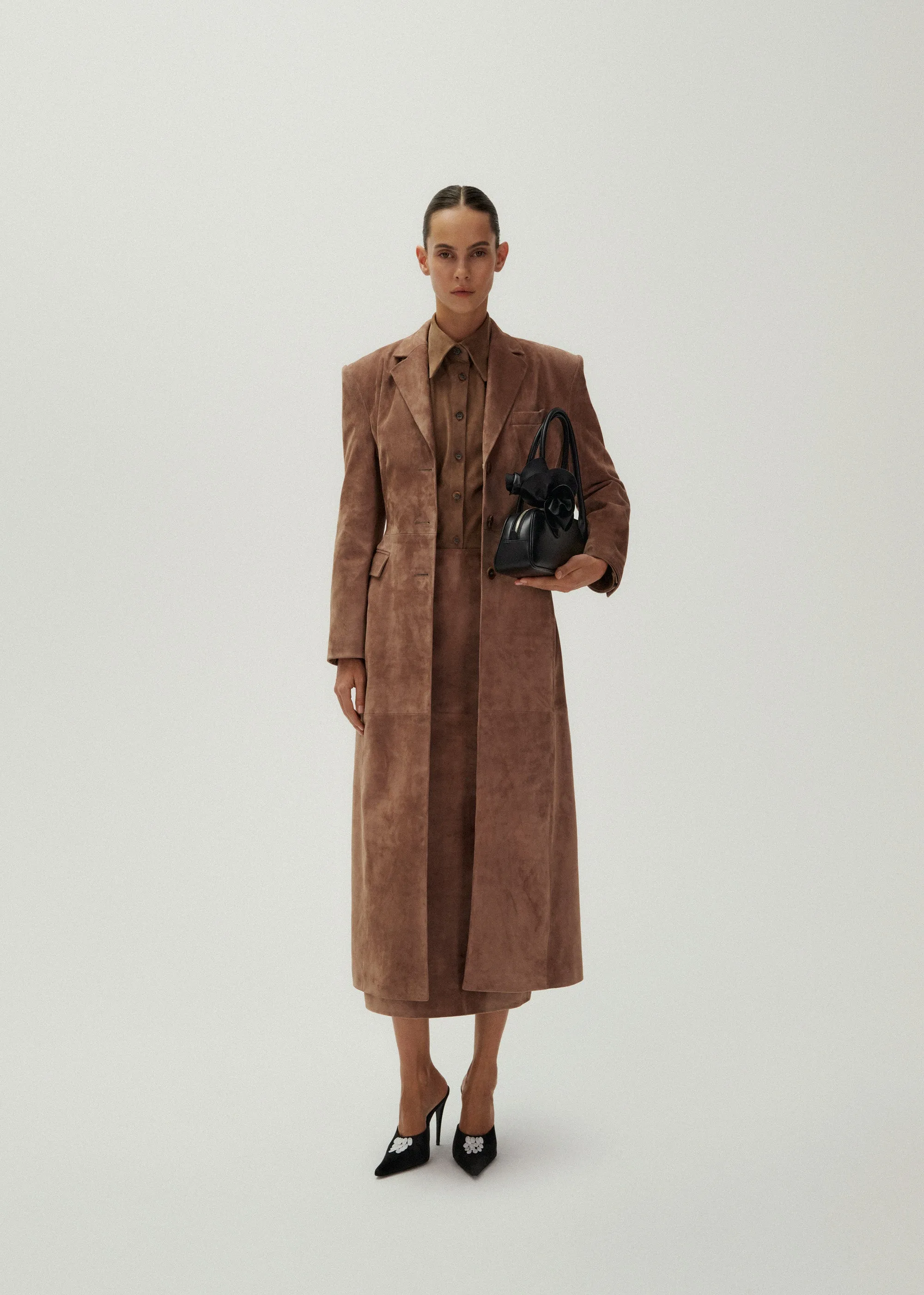 Suede hourglass coat in brown
