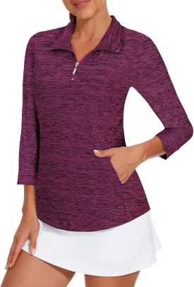Viracy 3/4 Sleeve Womens Golf Shirts Quick Dry Quarter Zip Workout Tennis Polo Tops with Pocket