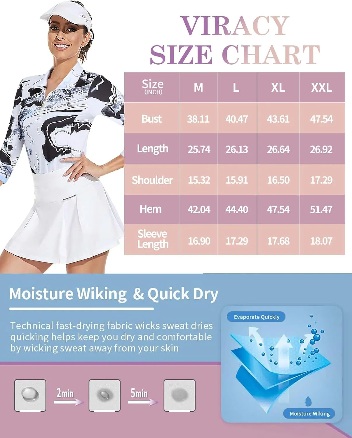 Viracy 3/4 Sleeve Womens Golf Shirts Quick Dry Quarter Zip Workout Tennis Polo Tops with Pocket