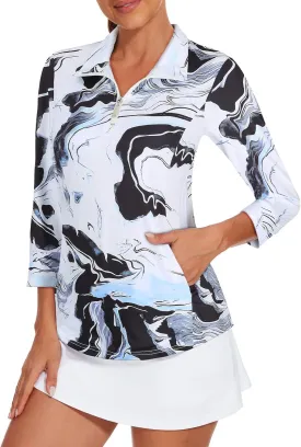 Viracy 3/4 Sleeve Womens Golf Shirts Quick Dry Quarter Zip Workout Tennis Polo Tops with Pocket