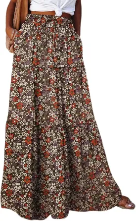 Women Boho Floral Print Maxi Skirt Summer High Waisted Tiered Long Skirts Flowy Ruffle Beach Vacation Maxi Skirts 2025