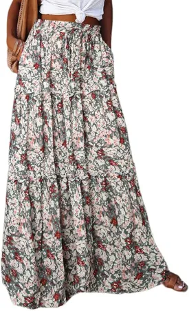 Women Boho Floral Print Maxi Skirt Summer High Waisted Tiered Long Skirts Flowy Ruffle Beach Vacation Maxi Skirts 2025