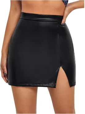 Women High Waist Bodycon Slit Skirts Sexy Leather Mini Skirt Solid Slim Fit Short Pencil Skirts Trendy Casual