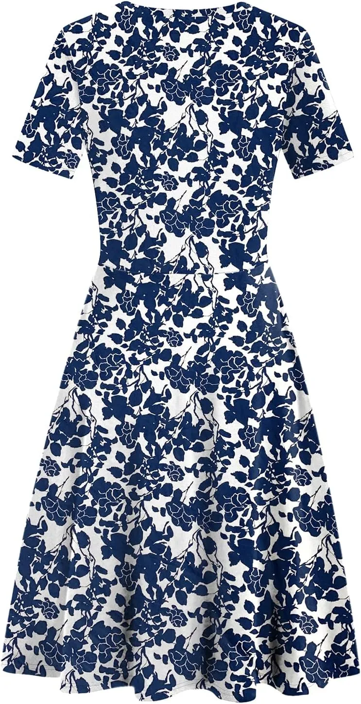 Women's Elegant Vintage Summer Casual Dresses 2025 Floral Print Work Party A-Line Dress with Pockets 262