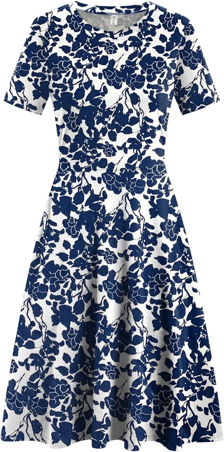 Women's Elegant Vintage Summer Casual Dresses 2025 Floral Print Work Party A-Line Dress with Pockets 262