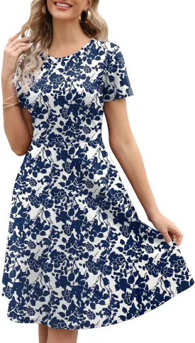 Women's Elegant Vintage Summer Casual Dresses 2025 Floral Print Work Party A-Line Dress with Pockets 262