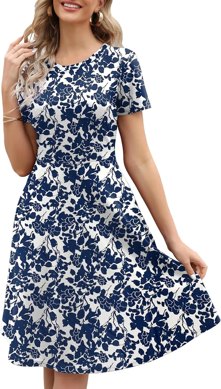 Women's Elegant Vintage Summer Casual Dresses 2025 Floral Print Work Party A-Line Dress with Pockets 262