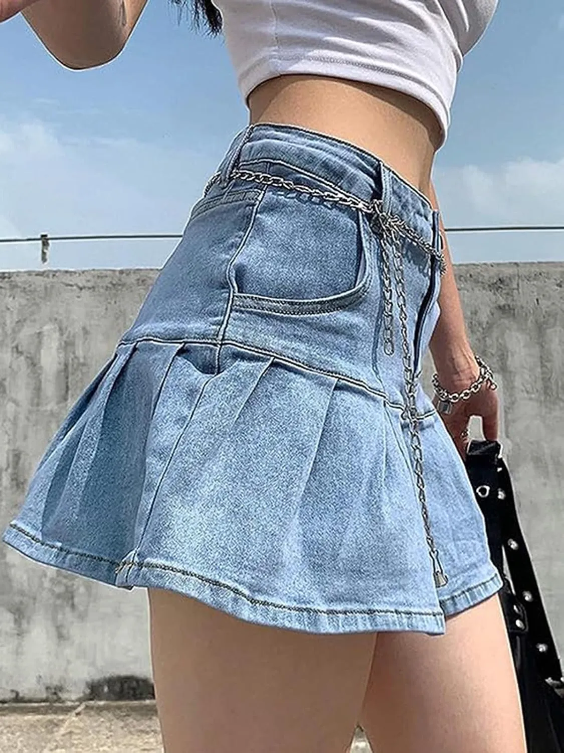 Women's Pleated Ruffle Jean Skirt Casual Girl Y2K A-Line Short Jean Mini Skirts