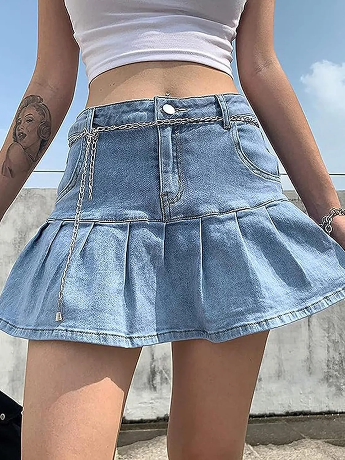 Women's Pleated Ruffle Jean Skirt Casual Girl Y2K A-Line Short Jean Mini Skirts