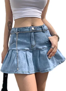 Women's Pleated Ruffle Jean Skirt Casual Girl Y2K A-Line Short Jean Mini Skirts