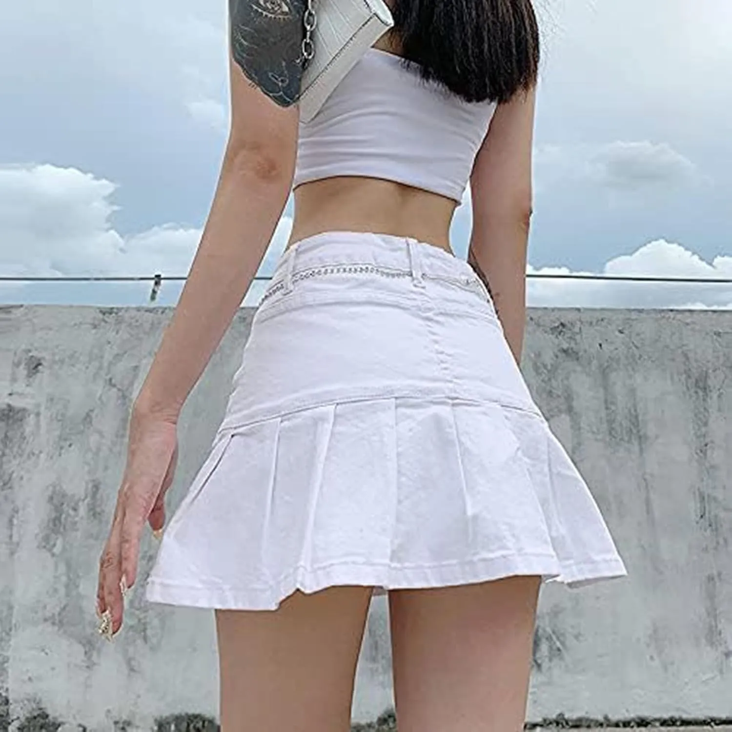 Women's Pleated Ruffle Jean Skirt Casual Girl Y2K A-Line Short Jean Mini Skirts