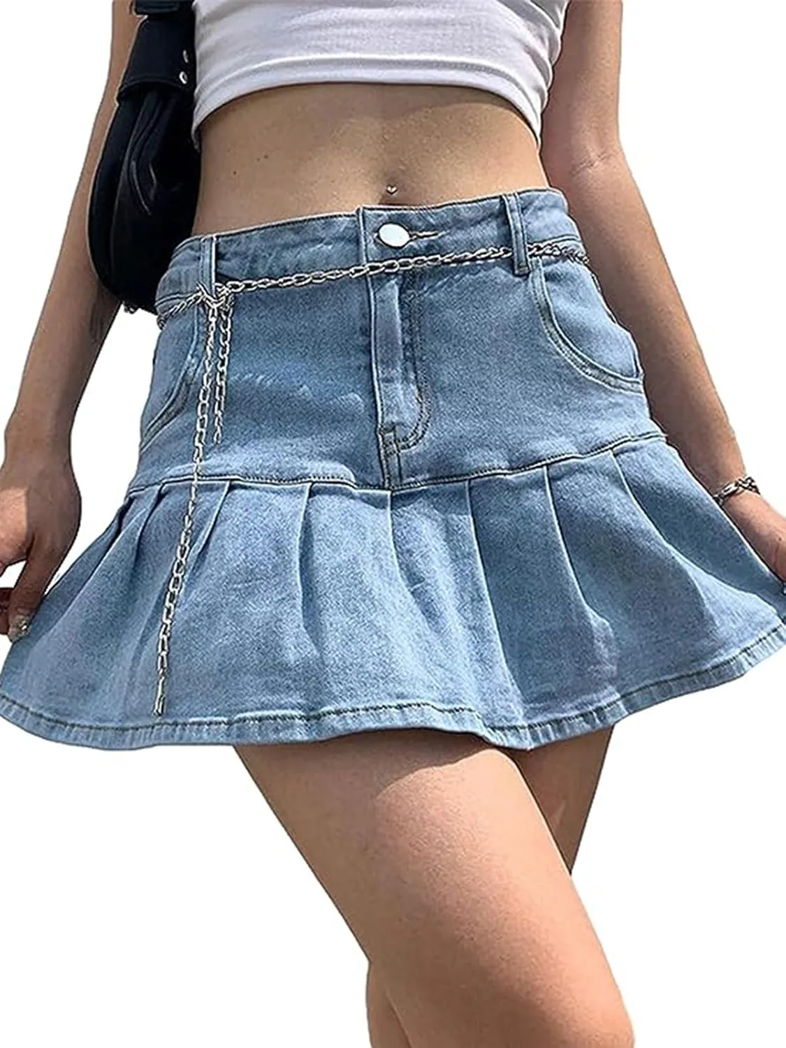 Women's Pleated Ruffle Jean Skirt Casual Girl Y2K A-Line Short Jean Mini Skirts