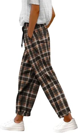 YESNO Women's Casual Straight Leg Pants Fall Drawstring Elastic High Waist Woolen Tapered Trousers with Pockets PWT