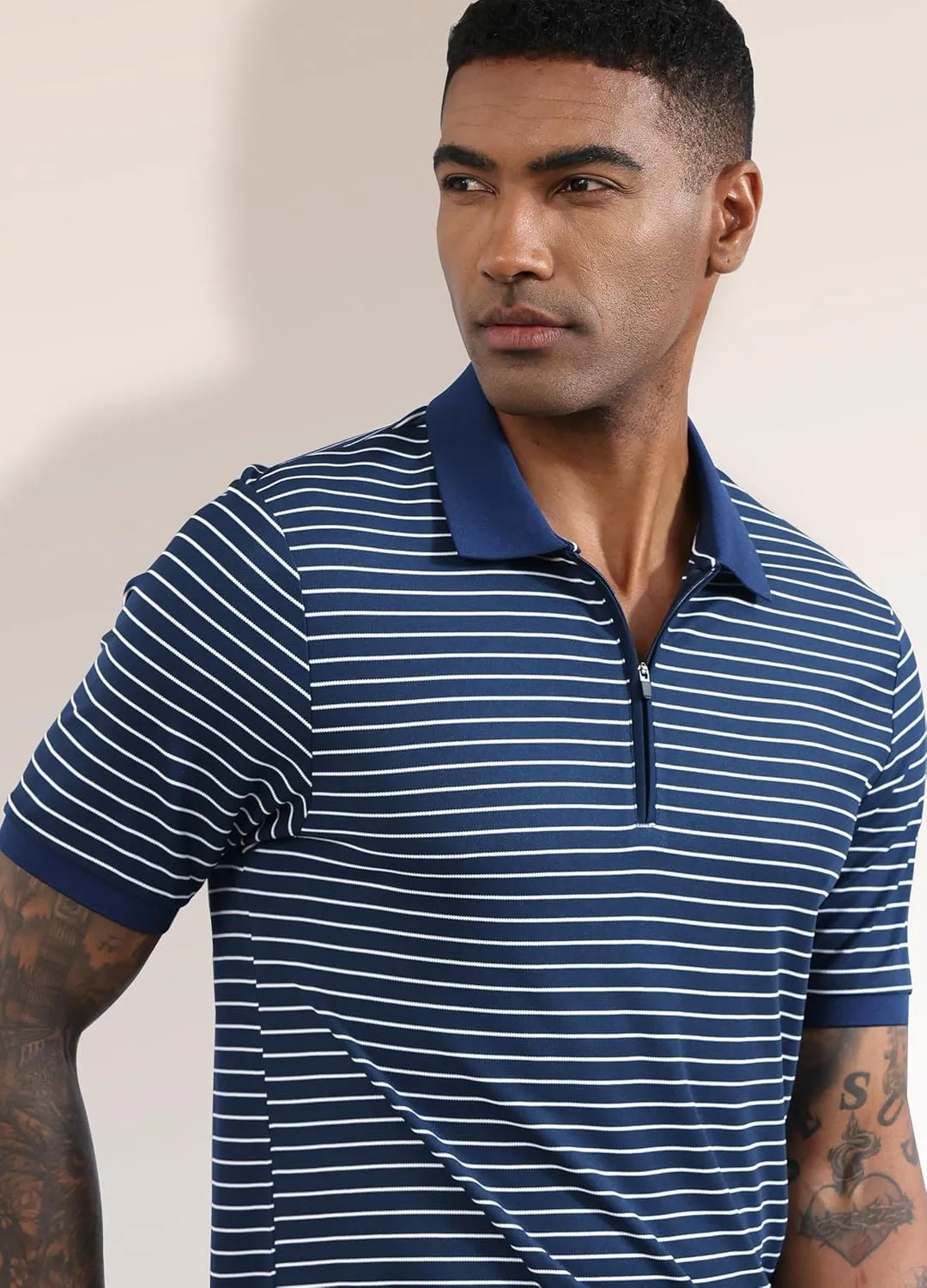 ZTN Men's Polo Shirts Short Sleeve Dry Fit Performance Moisture Wicking Zipper Golf Polo Shirts Striped Daily Casual T-Shirt