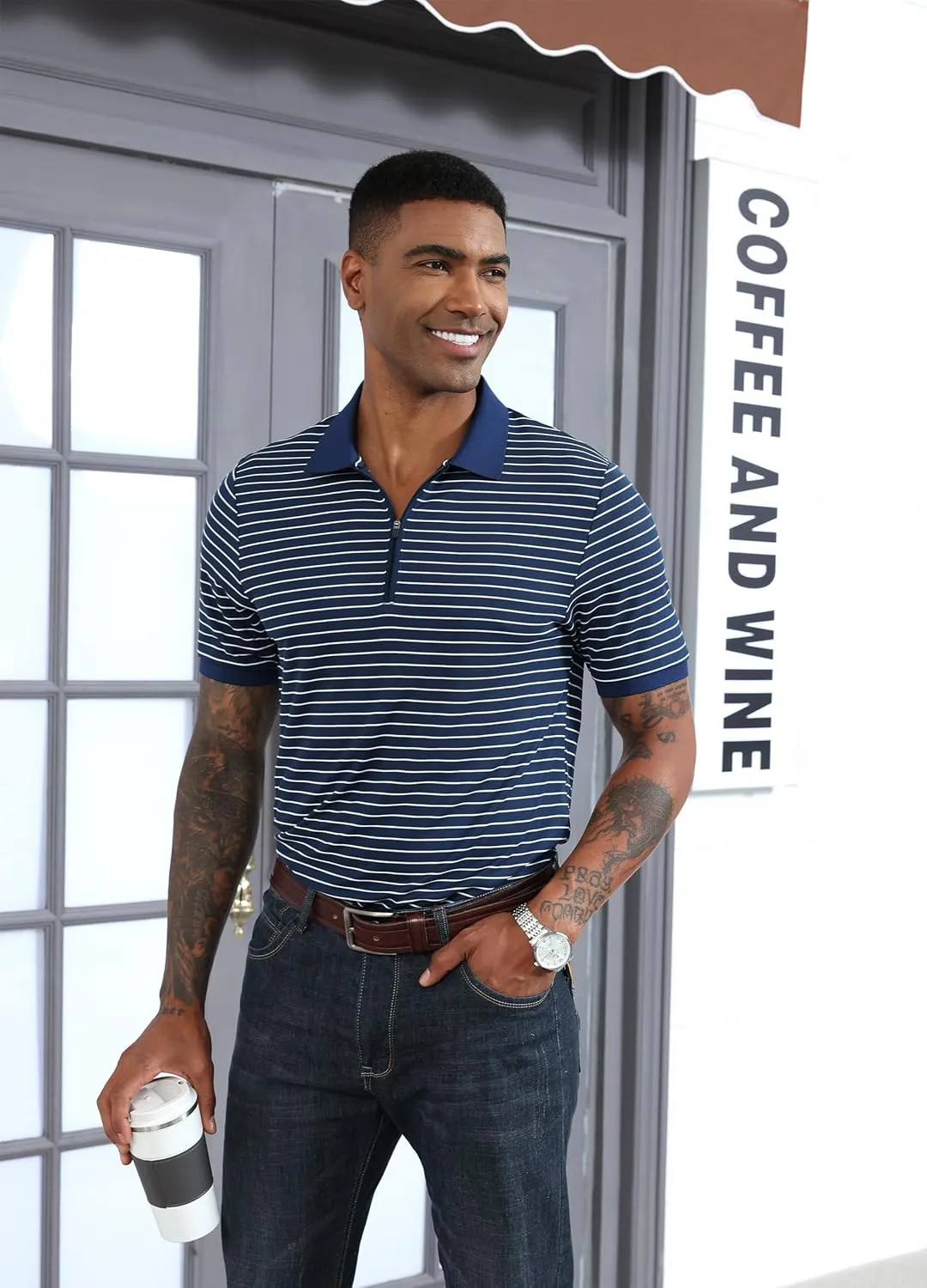 ZTN Men's Polo Shirts Short Sleeve Dry Fit Performance Moisture Wicking Zipper Golf Polo Shirts Striped Daily Casual T-Shirt