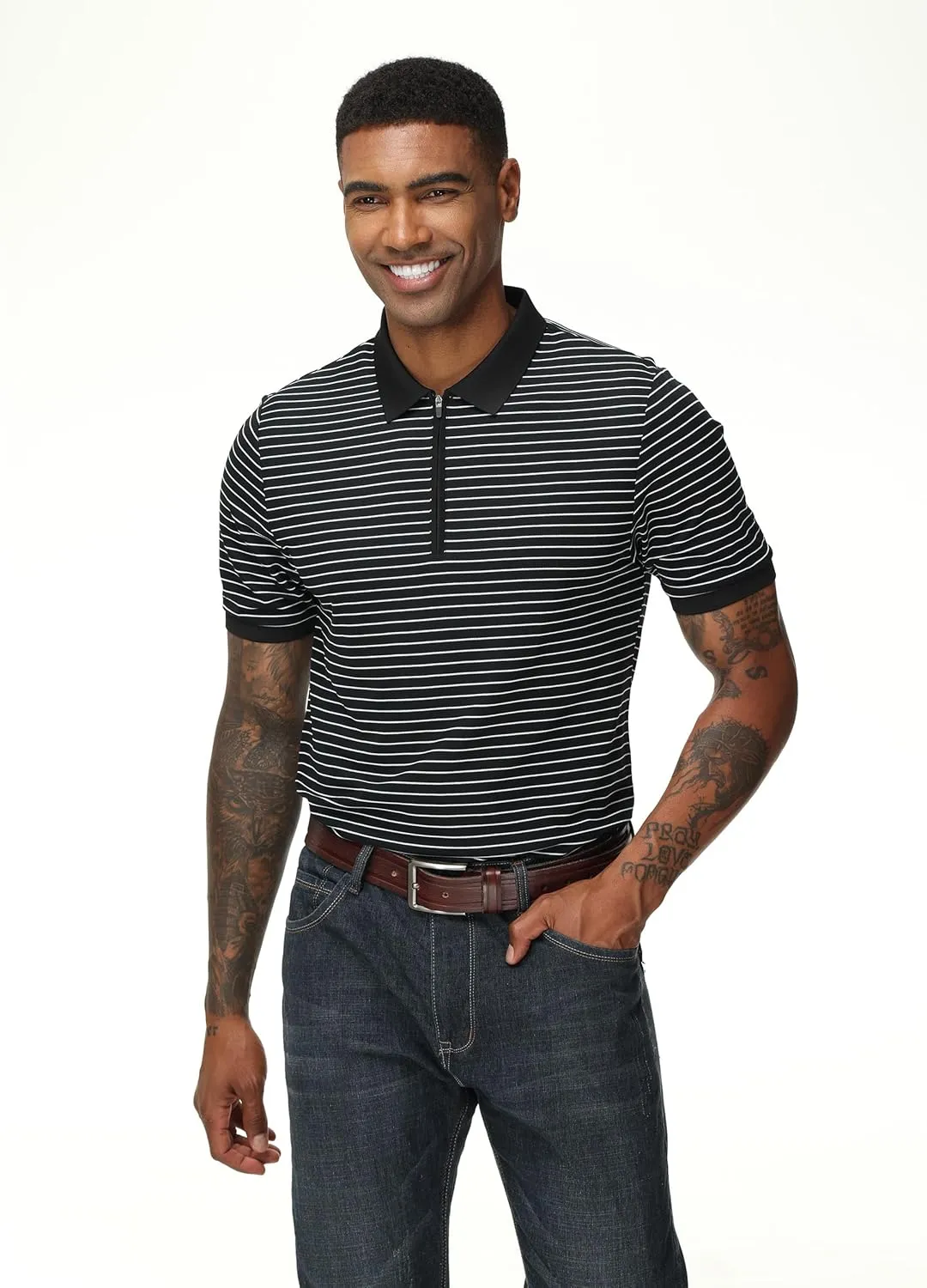 ZTN Men's Polo Shirts Short Sleeve Dry Fit Performance Moisture Wicking Zipper Golf Polo Shirts Striped Daily Casual T-Shirt