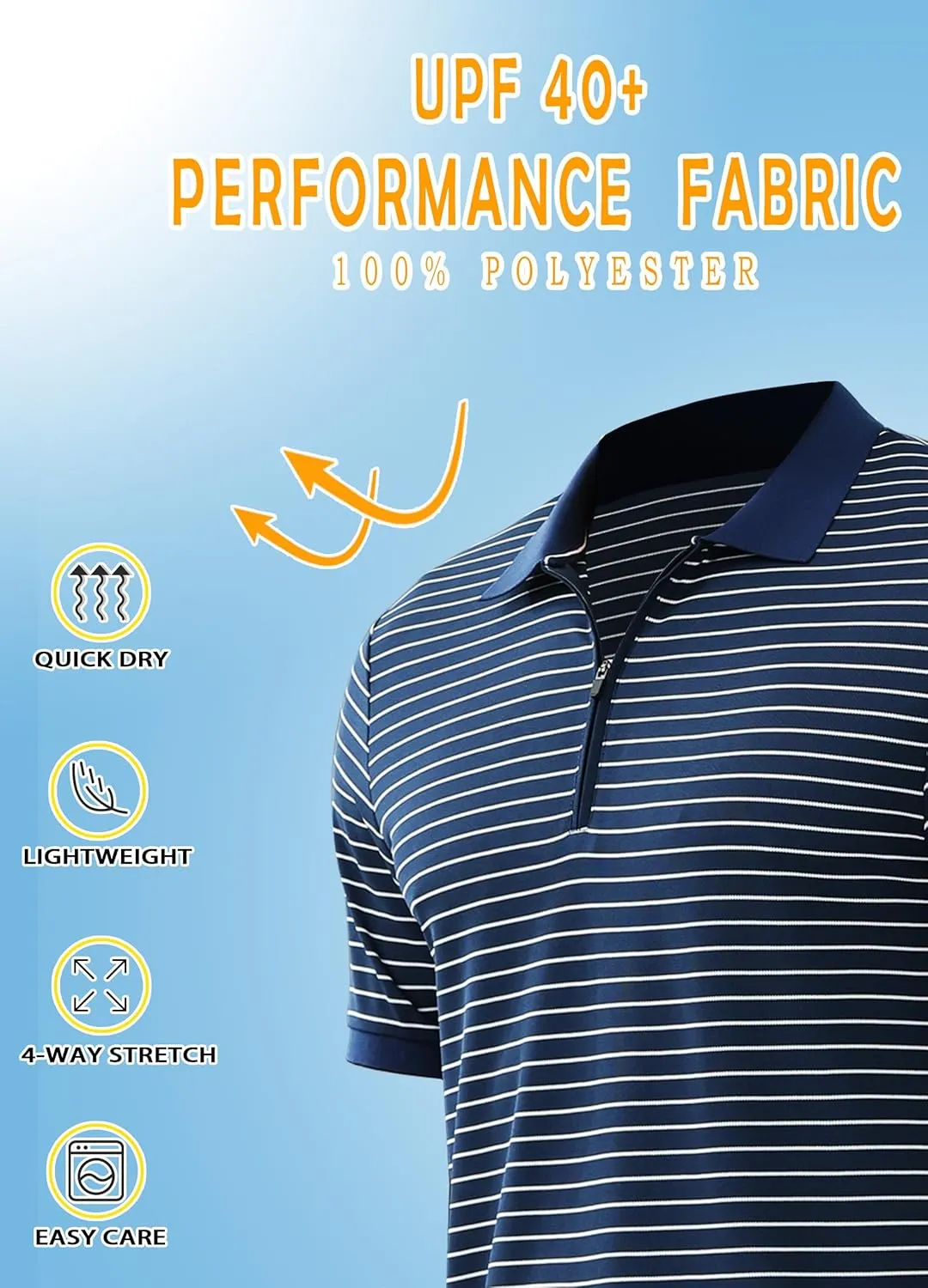 ZTN Men's Polo Shirts Short Sleeve Dry Fit Performance Moisture Wicking Zipper Golf Polo Shirts Striped Daily Casual T-Shirt