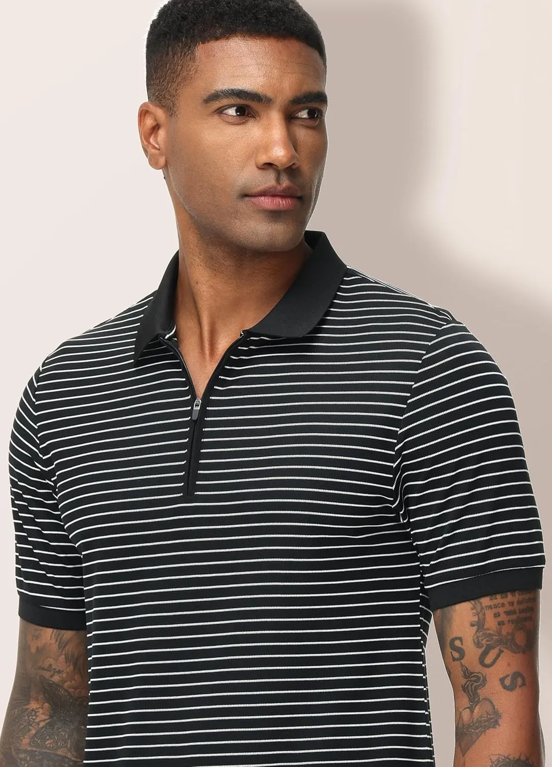 ZTN Men's Polo Shirts Short Sleeve Dry Fit Performance Moisture Wicking Zipper Golf Polo Shirts Striped Daily Casual T-Shirt